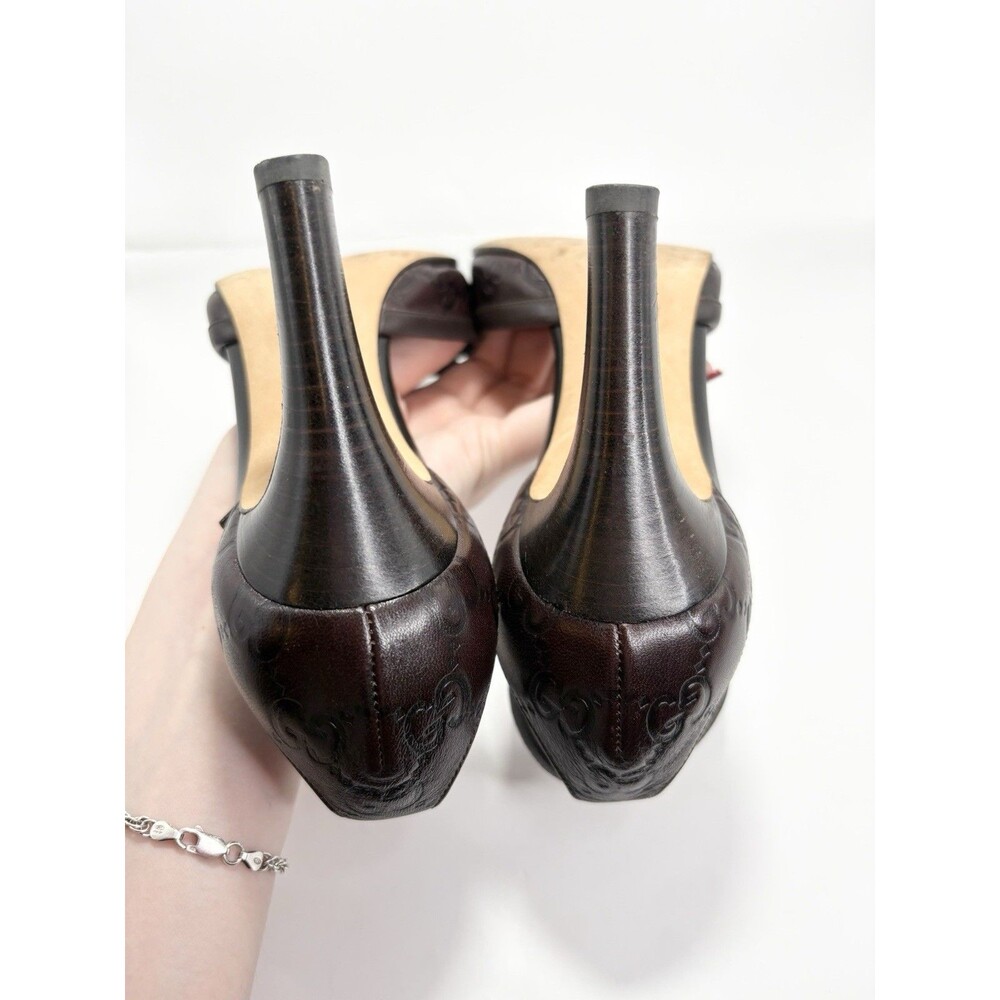 Gucci Brown Leather Guccissima GG Monogram Heels w/ Bow Accent Y2K Sz EU 36C 6 - Picture 12 of 14